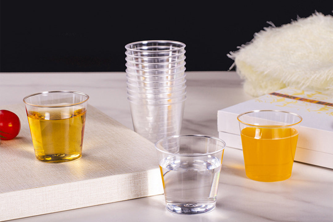 Reusable and Disposable plastic clear glasses and bowls