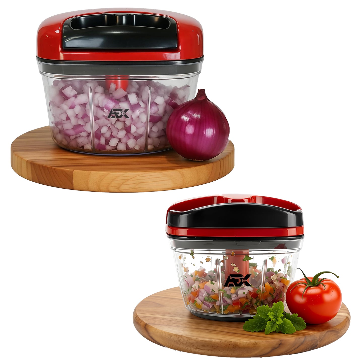 Vegetable chopper with chopped onions and vegetables on a wooden base, surrounded by fresh ingredients.