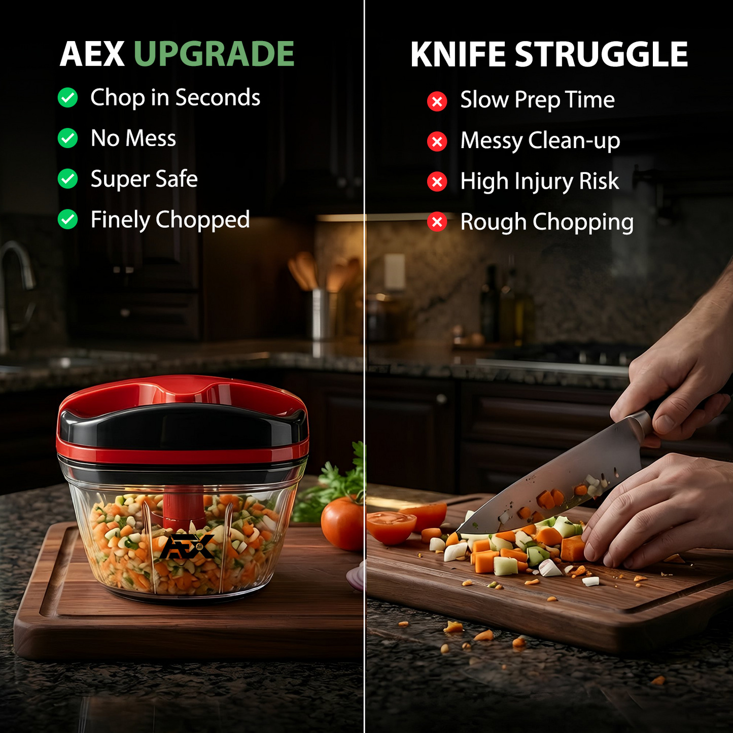 Comparison of AEX Upgrade food chopper and manual knife chopping in a kitchen setting.