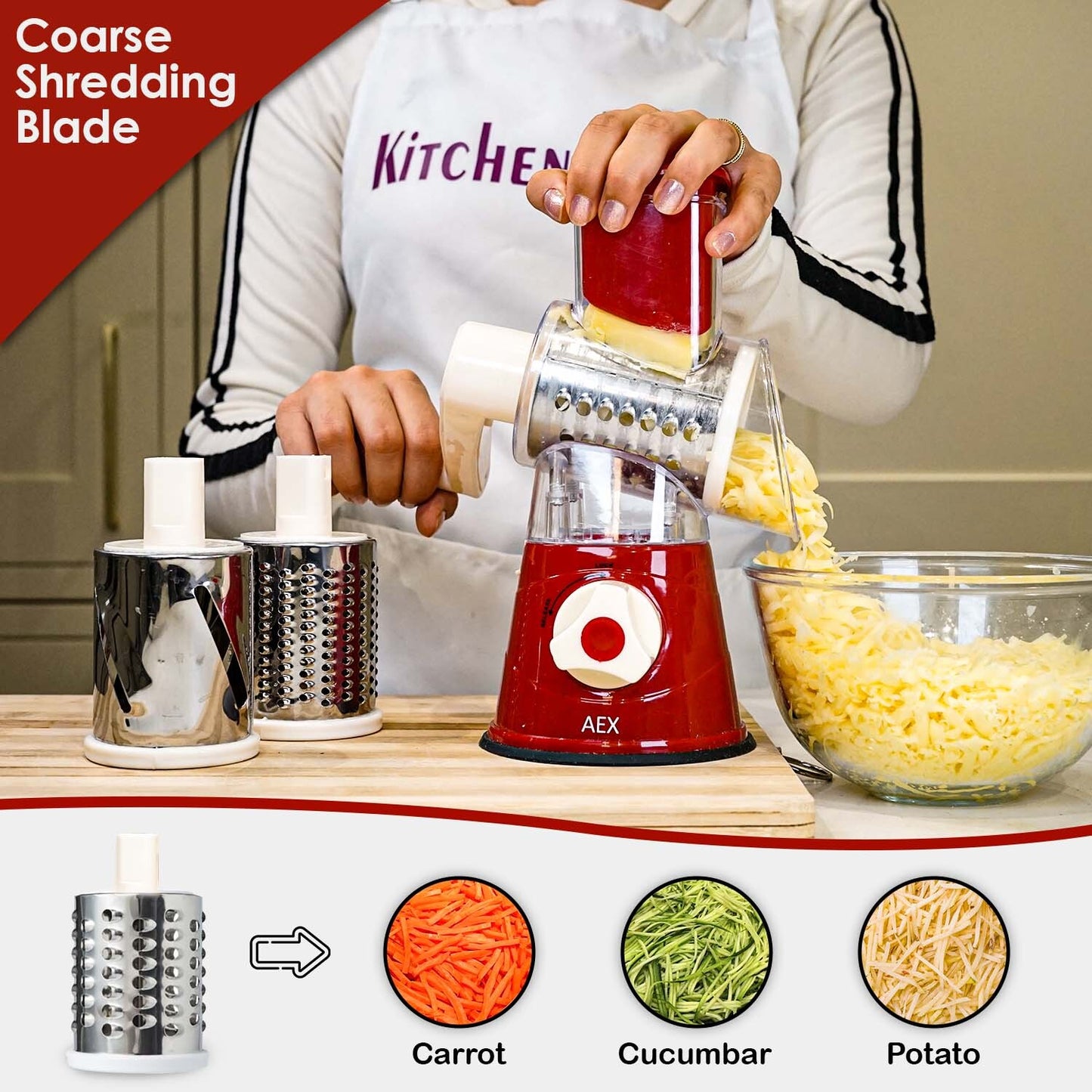 Person using a red AEX cheese grater to shred vegetables with a focus on the coarseness of the blade.