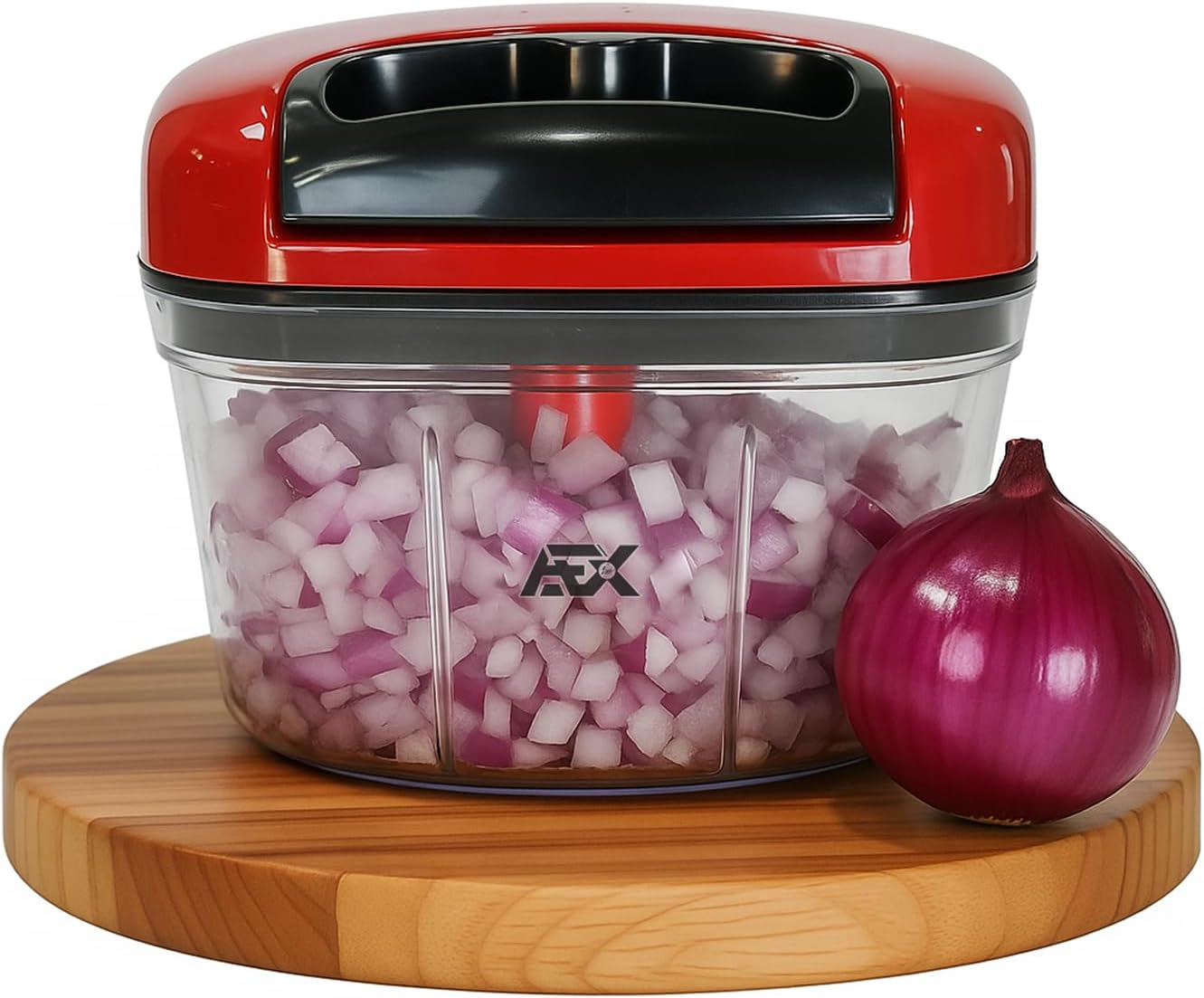 APX food chopper with chopped onions on a wooden board