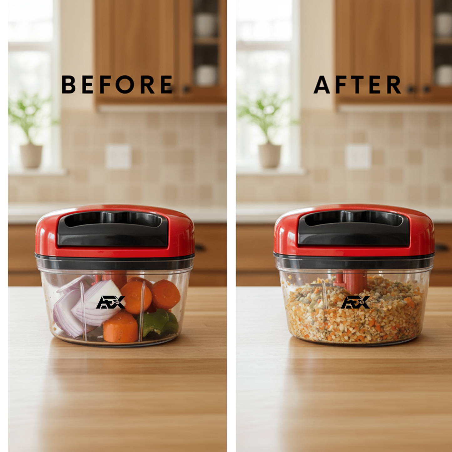 Before and after comparison of a food chopper with ingredients inside in a kitchen setting.