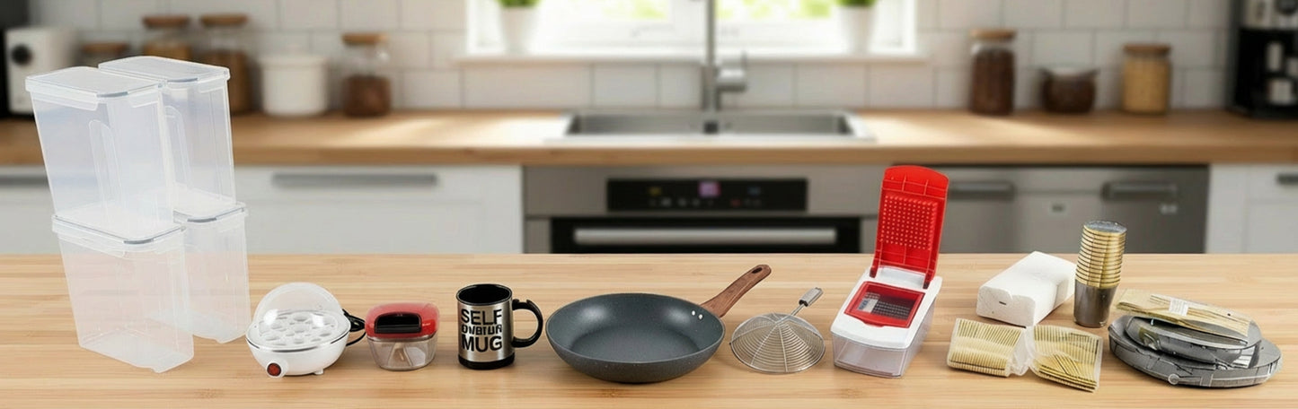 Kitchen items including a frying pan, cups, and a red box on a kitchen counter.