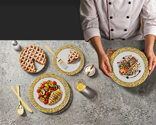 175 dinner set GIF banner, animated kitchen dinnerware promotion showcasing complete dining set with plates, bowls, and utensils for offers and ecommerce ads