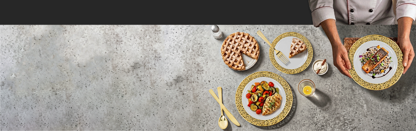 175 dinner set GIF banner, animated kitchen dinnerware promotion showcasing complete dining set with plates, bowls, and utensils for offers and ecommerce ads