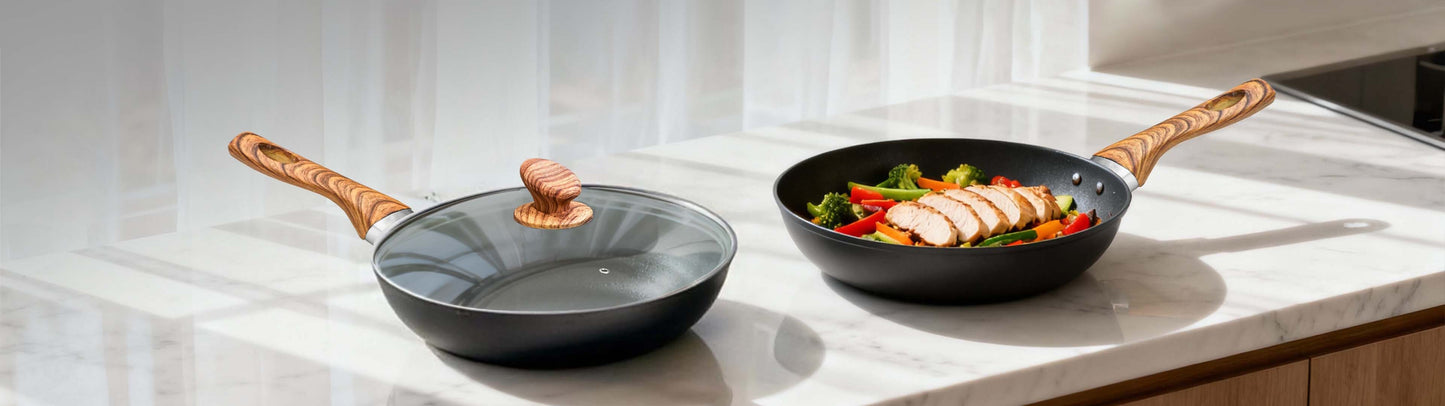 Two frying pans on a kitchen counter with food inside, one covered and one open.