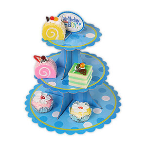 3 Tier Blue Birthday Boy Paper Cupcake Stand | Cardboard Cupcake Stand | Display Stands For Birthday Picnic Weddings Afternoon Tea Theme Party Decorations