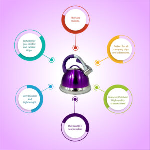 Metallic Purple 3.5L Stainless Steel Whistling Kettle kitchen Home Camping Gas Hob Chrome 1