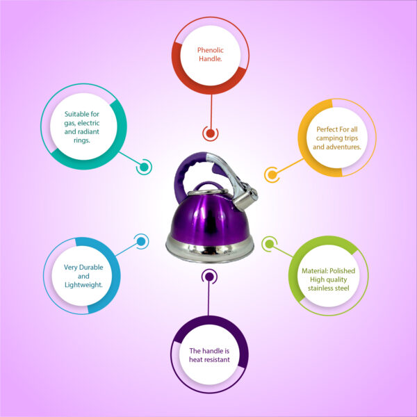 NEW PURPLE 3.5L STAIINLESS STEEL LIGHTWEIGHT WHISTLING KETTLE CAMPING CORDLESS