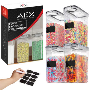 AEX 4pcs Set Plastic Cereal & Dry Canister Sets Pantry Food Storage Containers Labels & Marker 4.4 L Sugar, Flour, Snack, Baking Supplies, Leak-proof With Black Locking Lids