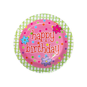 Pink Flower Happy Birthday Cake Paper Plates – 23cm Disposable