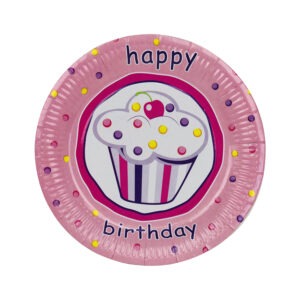 Paper Plates Pink – 23cm Happy Birthday Cupcake Disposable Plates
