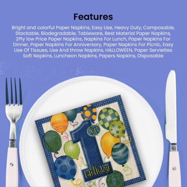 Blue Party Napkins – 10x 2-Ply 1st Birthday Paper Serviettes