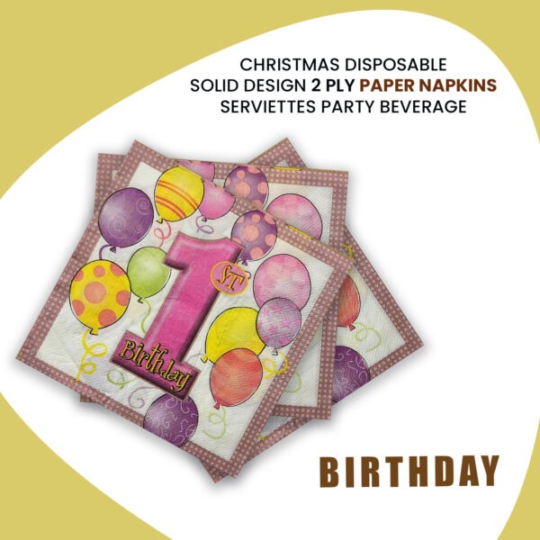 Pink Napkins for Party – 10x 2-Ply 1st Birthday Paper Serviettes