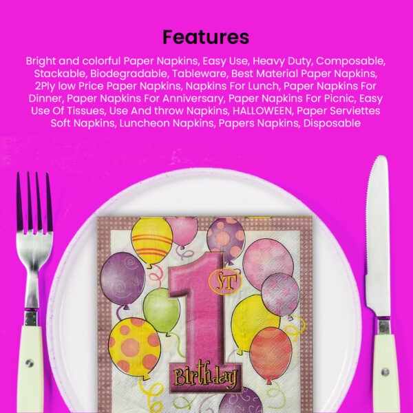 Pink Napkins for Party – 10x 2-Ply 1st Birthday Paper Serviettes