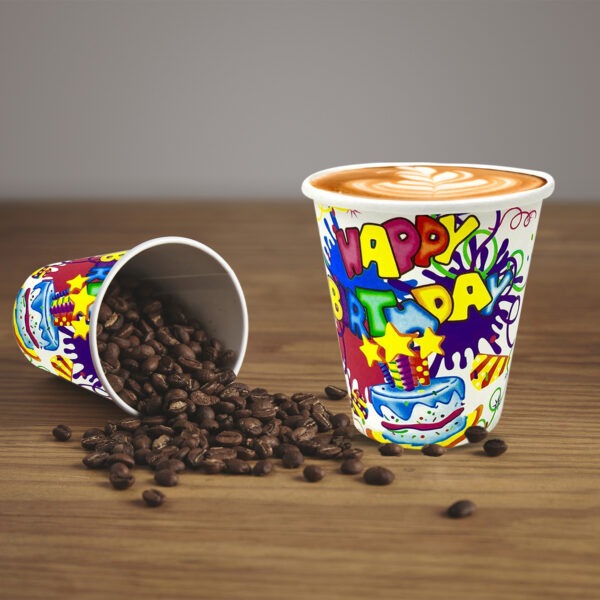 White Paper Cups – 30X 7oz Happy Birthday Cake Star Party Cups