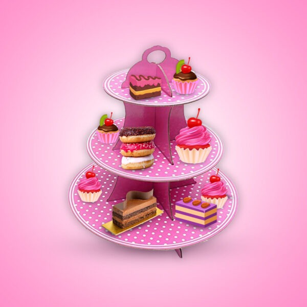 3 Tier Pink Polka Dot Cupcakes Stand – Cardboard Dessert Display