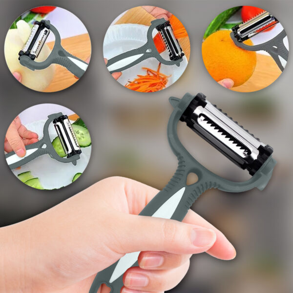 Grey Veg Peeler – 3-in-1 Rotating Stainless Steel Blade Kitchen Tool
