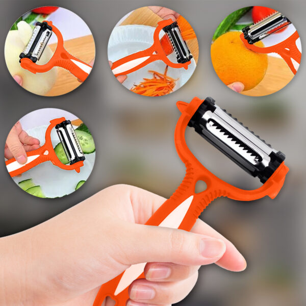 3-in-1 Orange Veg Peeler – Rotating Multi-Blade Stainless Steel Kitchen Tool