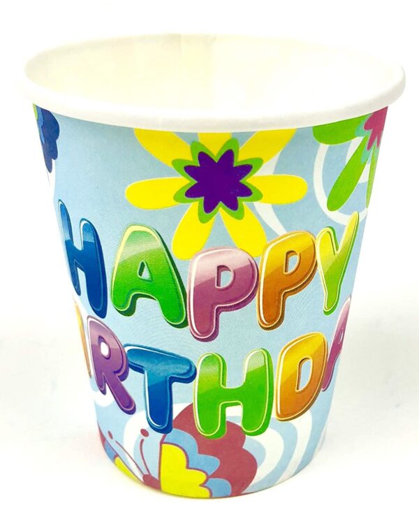Blue Party Cups – 7oz Happy Birthday Flower Disposable Cups