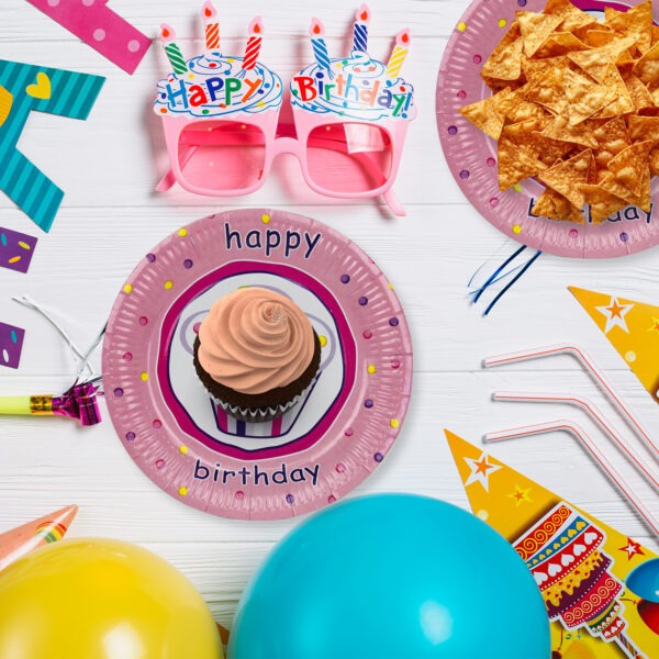 Paper Plates Pink – 23cm Happy Birthday Cupcake Disposable Plates