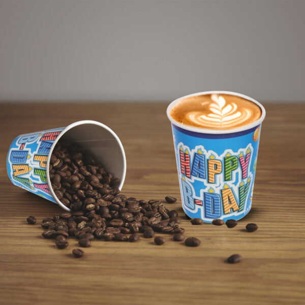 Paper Hot Drink Cups – 30 Blue Happy Birthday Candle Design