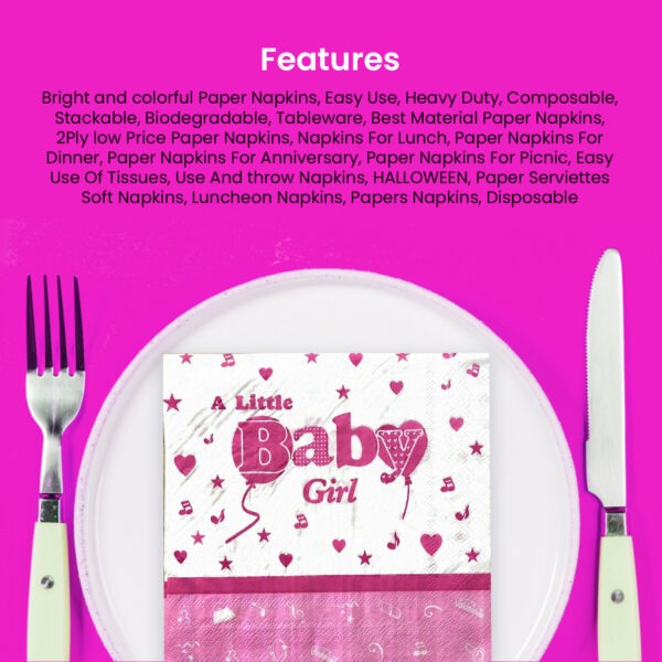 Pink Paper Serviette – 10x 2-Ply Baby Girl Disposable Napkins