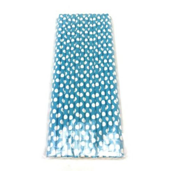 25 Blue Polka Dot Paper Straws 20cm Eco-Friendly Drinking Straws