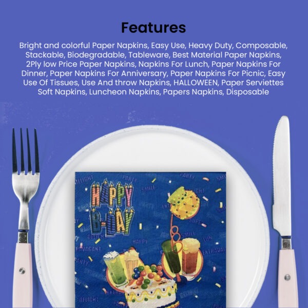 10X Blue Paper Napkin – Birthday Cake 2 Ply Disposable Serviettes