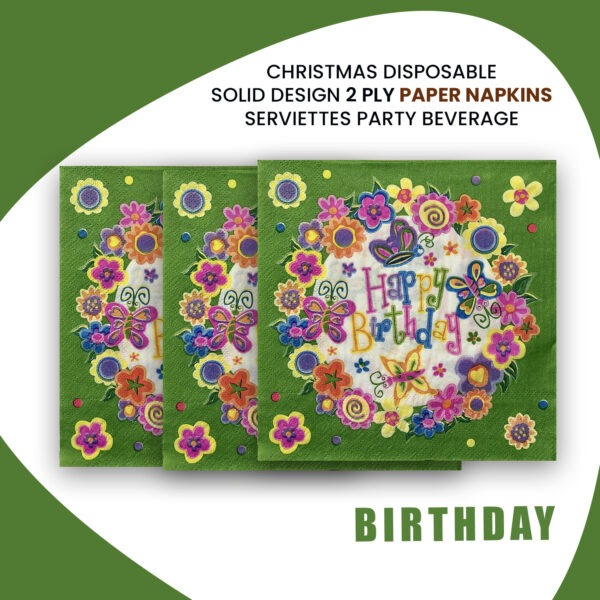 Green Disposable Napkins – 10x 2-Ply Happy Birthday Butterfly Serviettes