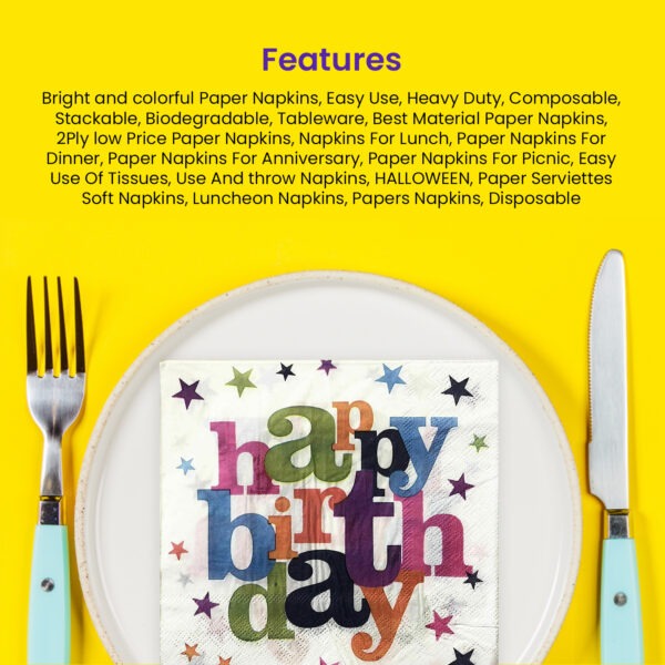 White Napkins Disposable – 10x 2-Ply Happy Birthday Star Paper Serviettes