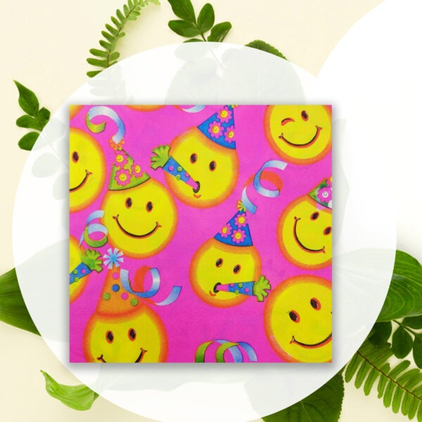 Pink Paper Napkins Serviettes – 10x 2-Ply Smile Emoji Party Napkins
