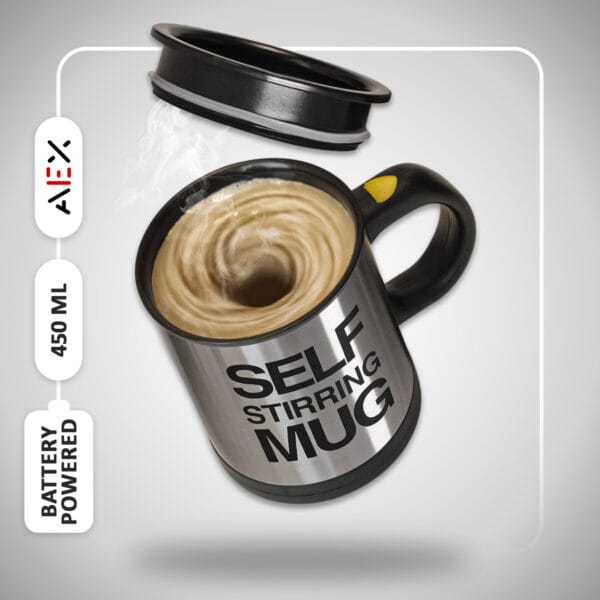 Black Premium Self-Stirring Coffee Mug 450ml – Battery Operated, Leak-Proof Lid