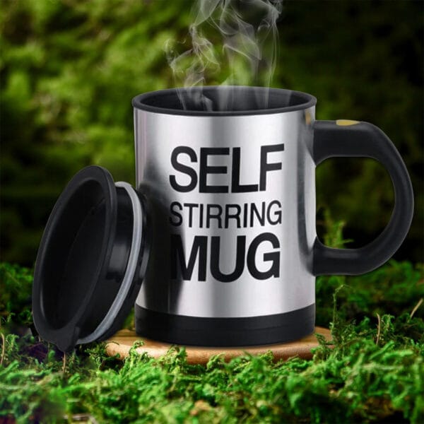 Black Premium Self-Stirring Coffee Mug 450ml – Battery Operated, Leak-Proof Lid