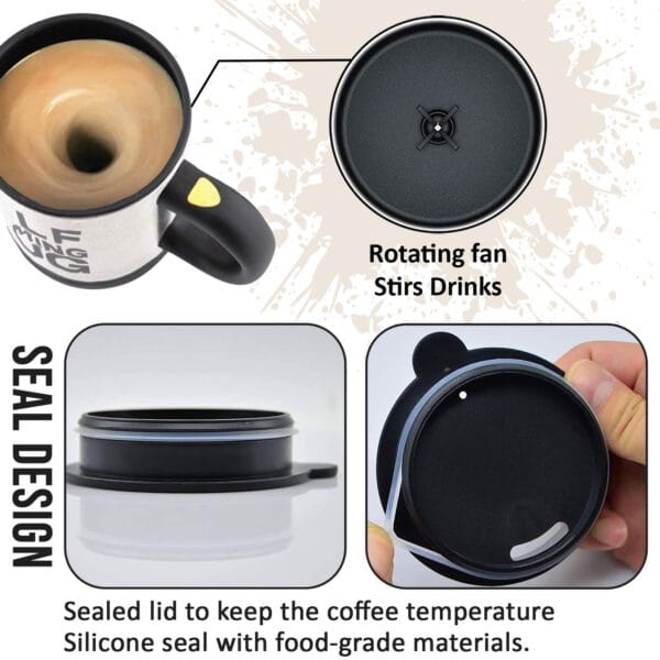 Black Premium Self-Stirring Coffee Mug 450ml – Battery Operated, Leak-Proof Lid
