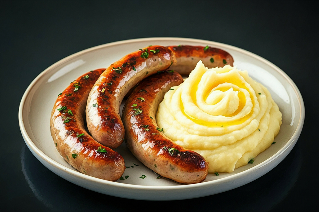 A plate of bangers and creamy mashed potatoes