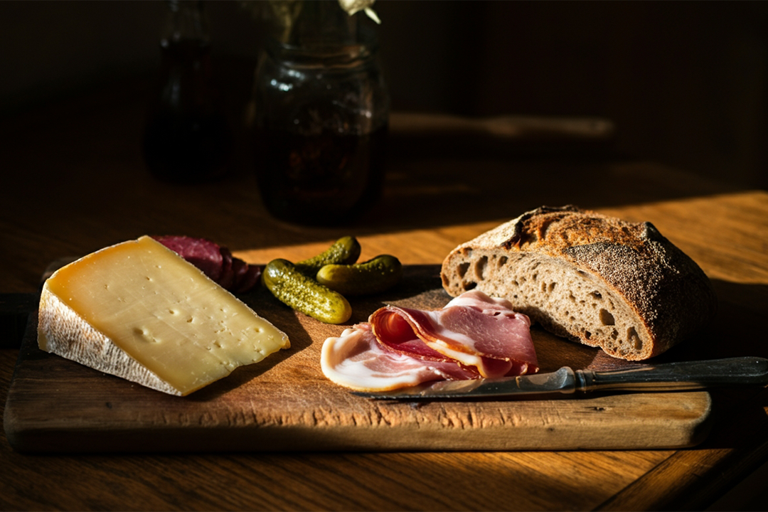 A rustic ploughman's lunch with cheese and pickles