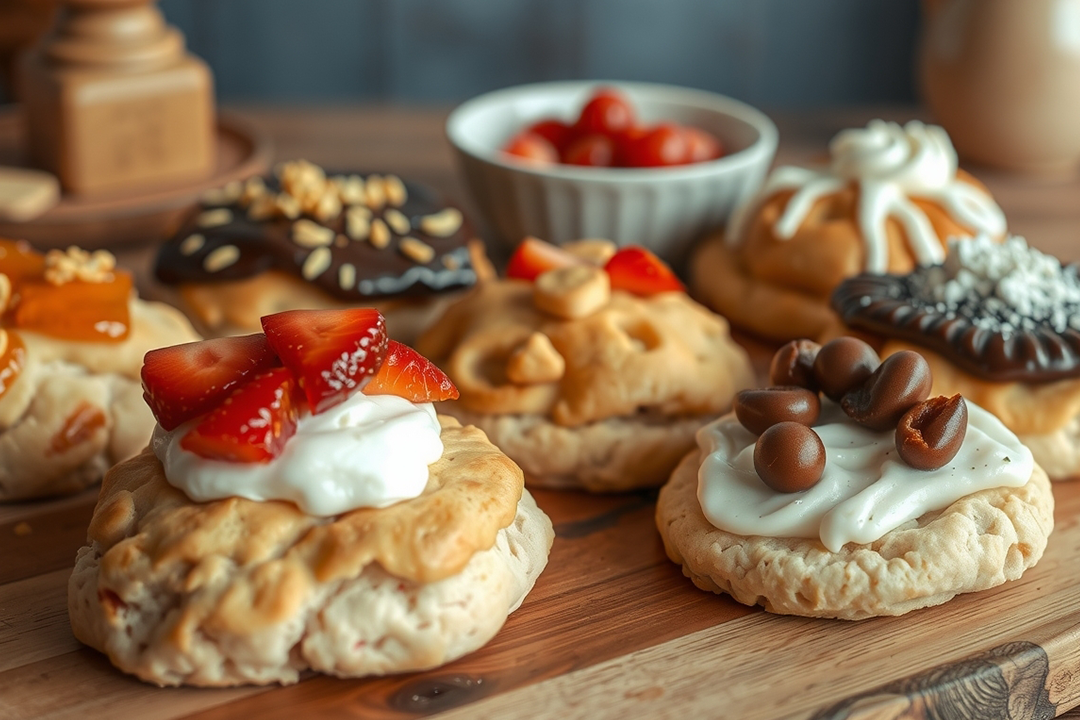 Freshly baked scones with various toppings on a wooden table